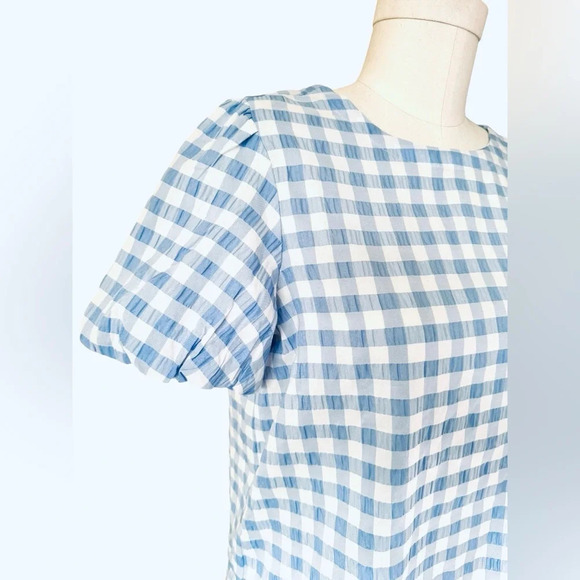Ann Taylor Gingham Bubble Sleeve Top in blue and white check seersucker blouse - Picture 5 of 11